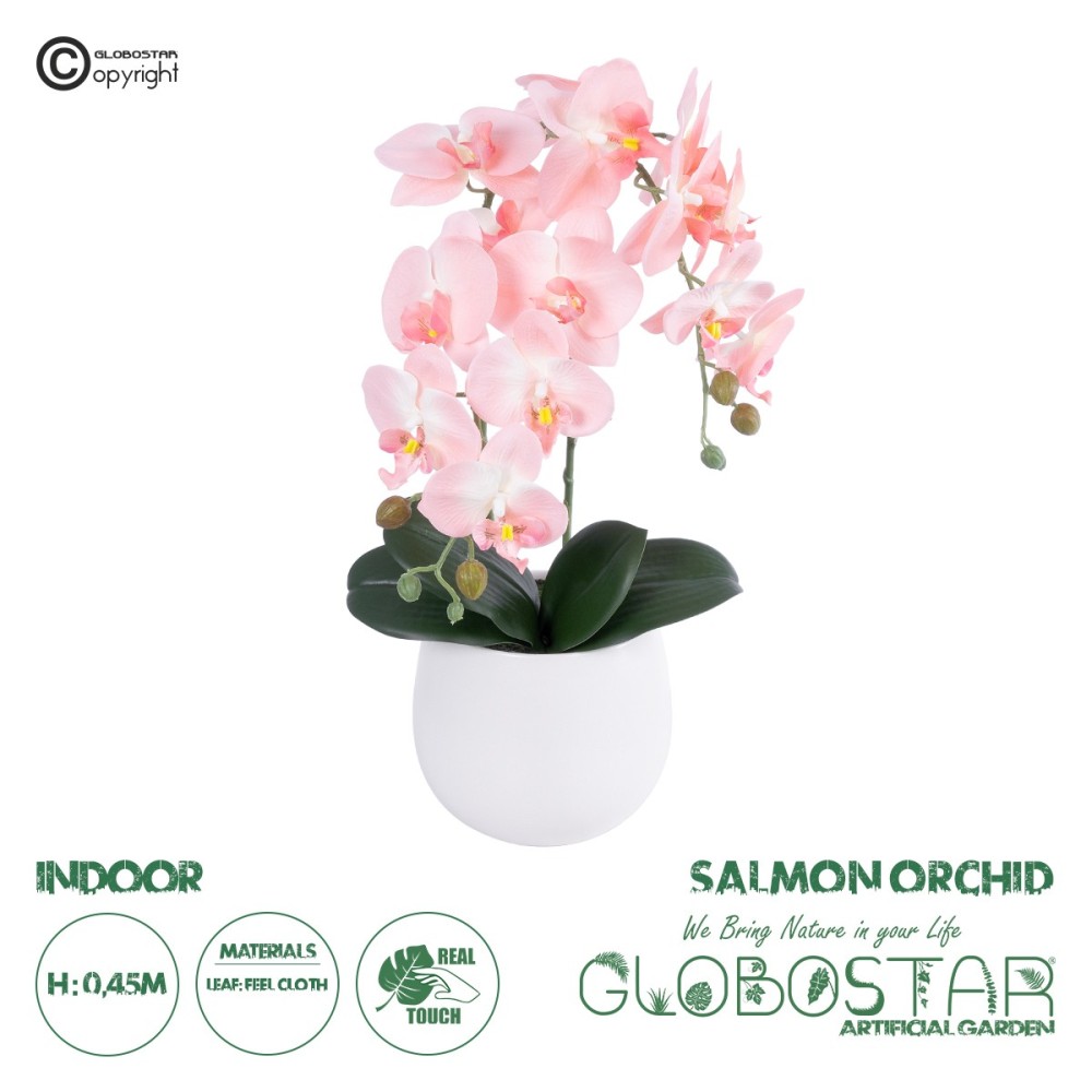 GloboStar® Artificial Garden SALMON ORCHID 21118 Διακοσμητικό Φυτό Ροζ-Πορτοκαλί Ορχιδέα Υ45cm
